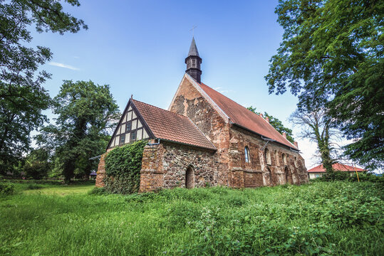 Exterior of church from 14th century in Chlebowo village, West Pomerania region of Poland