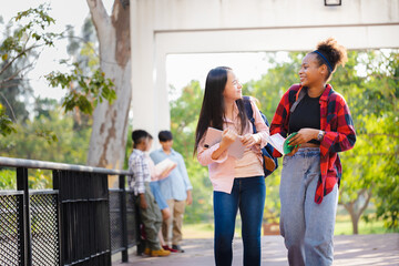 Diverse student concepts, Happy Student roommate talking and walking on a walkway before classroom