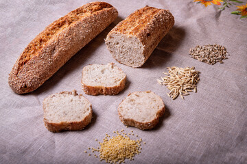 Bread. Wheat chleu. Rye bread. Baguette. Bun. flour product