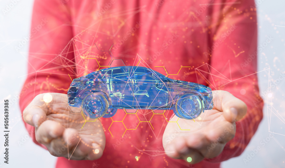 Poster autonomous car with hud graphic of navigation system driving