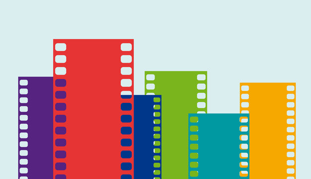 The city of cinema. Cinematic film that forms a neighborhood with buildings. Multiplex. Vector filmstrip, pattern and illustration