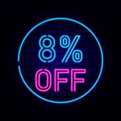 8 percent SALE glowing neon lamp sign. Vector illustration.