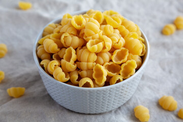 Dry Organic Gnocchi Pasta in a Bowl, side view. Close-up.