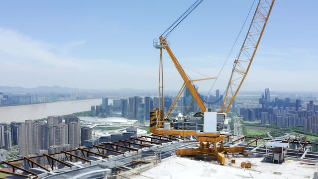 aerial view of construction site in hangzhou binjiang sports center
