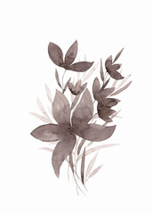 Poster with a bouquet of brown watercolor flowers and plants. Monochrome illustration isolated on white background
