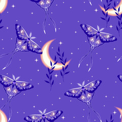 Vector seamless pattern with moon moth and stars. Contemporary composition. Trendy texture for print, textile, packaging.