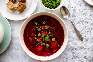 Ukrainian traditional borsch. Russian vegetarian red soup