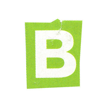 letter b magazine cut out font, ransom letter, isolated collage elements for text alphabet. hand made and cut, high quality scan. halftone pattern and texture detail. newspaper and scraps