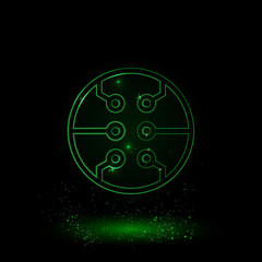 A large green outline microcircuit symbol on the center. Green Neon style. Neon color with shiny stars. Vector illustration on black background