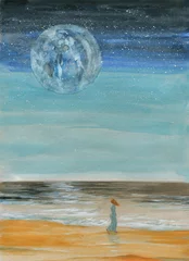 Fotobehang watercolor painting. woman and moon. illustration.  © Anna Ismagilova
