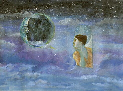 watercolor painting. woman and moon. illustration. 