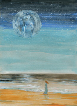 watercolor painting. woman and moon. illustration. 