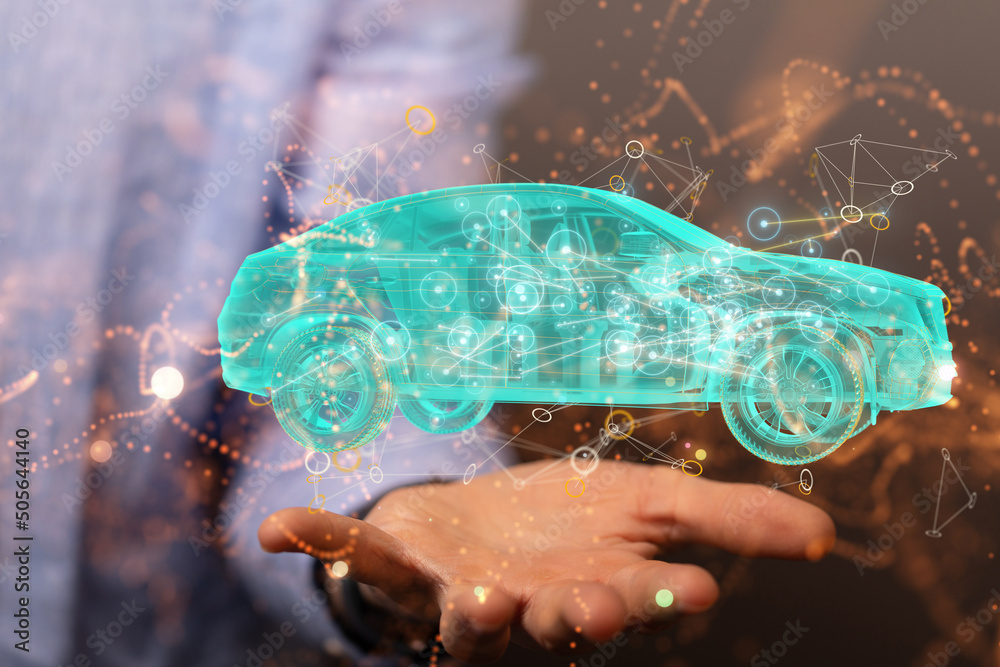 Poster autonomous car with hud graphic of navigation system driving