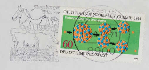 briefmarke stamp vintage retro alt old otto hahn nobelpreis atome kernspaltung slogan werbung...