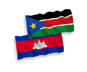Flags of Kingdom of Cambodia and Republic of South Sudan on a white background