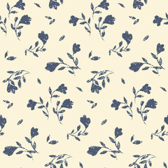 Seamless pattern with minimal botanical composition, small blue flowers, leaves on a light background. Romantic floral print with rustic textured chalk plants. Vector.