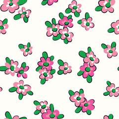 Seamless pattern with bright flowers bouquets on a white background. Cute floral print, trendy botanical surface design with tiny pink flowers, small green leaves. Vector illustration.