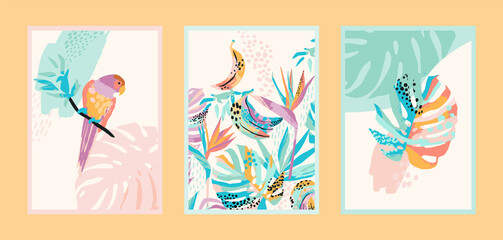 Fototapeta na wymiar Set of art prints with abstract tropical nature. Modern vector design for posters, cards, cover packaging and other