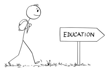 Student on Journey for Education or School, Vector Cartoon Stick Figure Illustration