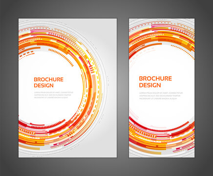 Hi tech orange circle geometric dynamic flow brochure design set template vector illustration. Abstract rounded motion digital communication futuristic speed swirl space technology poster mockup