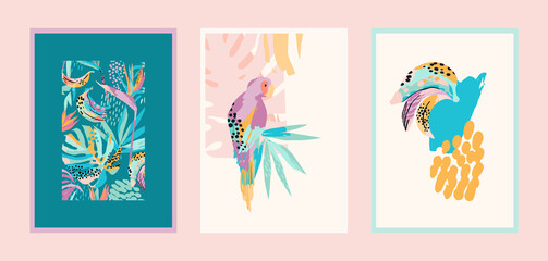 Obraz na płótnie Canvas Set of art prints with abstract tropical nature. Modern vector design for posters, cards, cover packaging and other