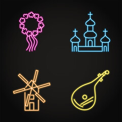 Neon Ukrainian national symbols icon set