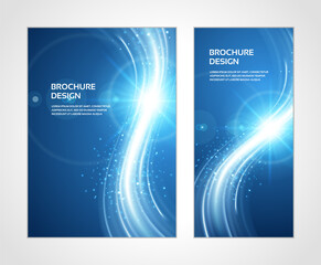 Magic illuminated particles cyber flow wave blue liquid surface brochure booklet cover set template realistic vector illustration. Abstract curve explosion effect fantasy sparks sun glowing lines