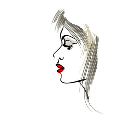 art sketched beautiful girl face portrait in profile with red lips, long hair isolated on white background, in vector
