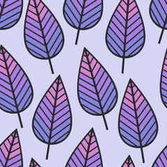 Pink and violet graphic contour leaves backdrop. Seamless cartoon leaf pattern vector illustration. Minimal floral wallpaper. Abstract geometric texture. Template for print, design, banner or card.	