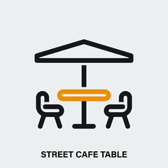 Street cafe table linear vector icon. Isolated outline pictogram with chairs, table and umbrella