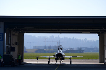 Fighter plane Northrop F-5E Tiger II at Swiss Air Force Airbase on a sunny spring noon. Photo taken...