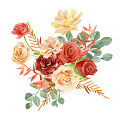 Watercolor floral bouquet, red and peach flowers roses and peonies, eucalyptus leaves. Autumn floral design for wedding invitation, bridal shower, baby shower