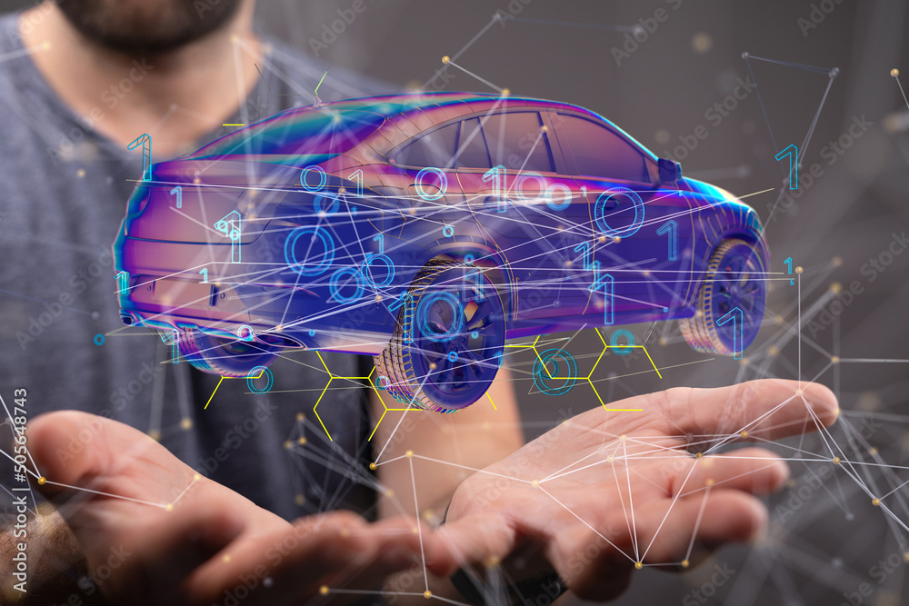 Poster Autonomous car with HUD graphic of Navigation system driving