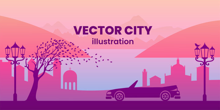 Vector illustration in simple minimal  flat style - italian city Como landscape with lake, city view, hills and trees - abstract horizontal banner