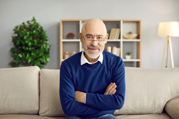 Portrait of smiling old grey-haired businessman in glasses pose in home office. Happy mature man...
