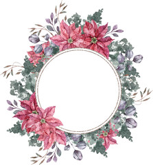Watercolor eucalyptus wreath frame clipart, winter cotton flower bouquet wreath illustration isolated on white background. Floral clipart for wedding invitation, sublimation, greeting cards