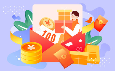 E-commerce shopping, people buy goods with gift boxes, red envelopes and gift boxes in the background, vector illustration