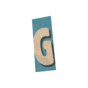 letter g magazine cut out font, ransom letter, isolated collage elements for text alphabet. hand made and cut, high quality scan. halftone pattern and texture detail. newspaper and scraps