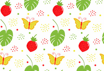Seamless pattern with butterfly, monstera leaf and strawberry. Trendy tropical design.