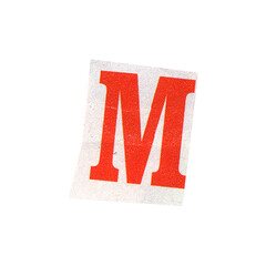 letter m magazine cut out font, ransom letter, isolated collage elements for text alphabet. hand made and cut, high quality scan. halftone pattern and texture detail. newspaper and scraps