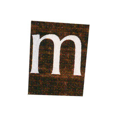 letter m magazine cut out font, ransom letter, isolated collage elements for text alphabet. hand made and cut, high quality scan. halftone pattern and texture detail. newspaper and scraps