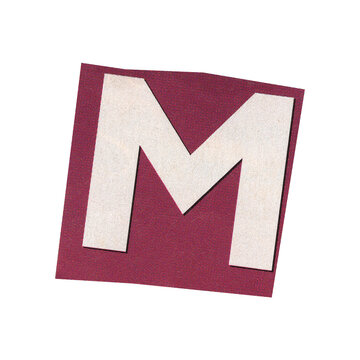 letter m magazine cut out font, ransom letter, isolated collage elements for text alphabet. hand made and cut, high quality scan. halftone pattern and texture detail. newspaper and scraps