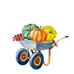 Watercolor pumpkins in a cart with twigs..