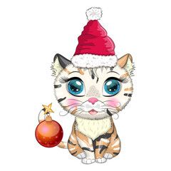 Cute cartoon cat in santa hat with gift, christmas ball, candy kane. Winter 2023, Christmas and Chinese New