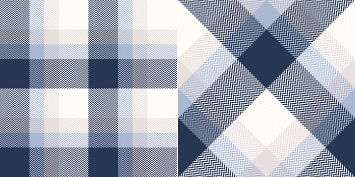 Plaid Pattern In Blue, Beige, White. Herringbone Textured Seamless Mosaic Color Block Tartan Check Vector For Flannel Shirt, Blanket, Scarf, Duvet Cover, Other Spring Summer Autumn Winter Print.