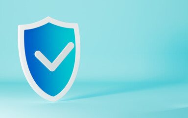 Shield with check in the cyan background, 3d rendering.