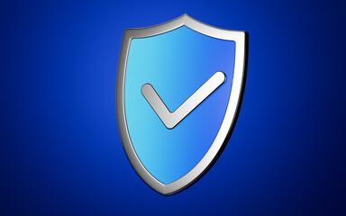 Shield with check in the blue background, 3d rendering.