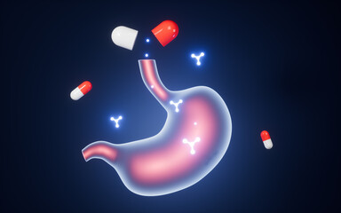 Medication for stomach illness, molecules and stomach, 3d rendering. - obrazy, fototapety, plakaty
