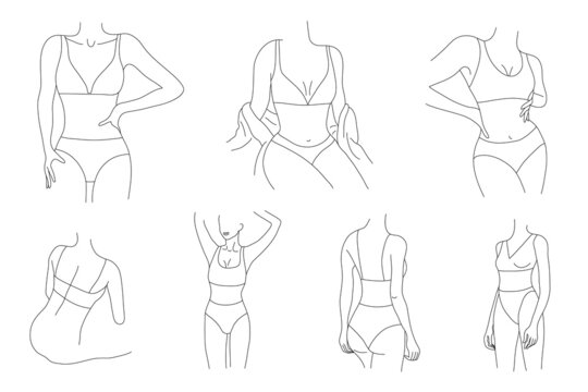 Vector set of beautiful women body illustrations. Minimalist linear female figure. Abstract lingerie, bikini sensual line art. Body positive.