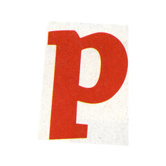 letter p magazine cut out font, ransom letter, isolated collage elements for text alphabet. hand made and cut, high quality scan. halftone pattern and texture detail. newspaper and scraps